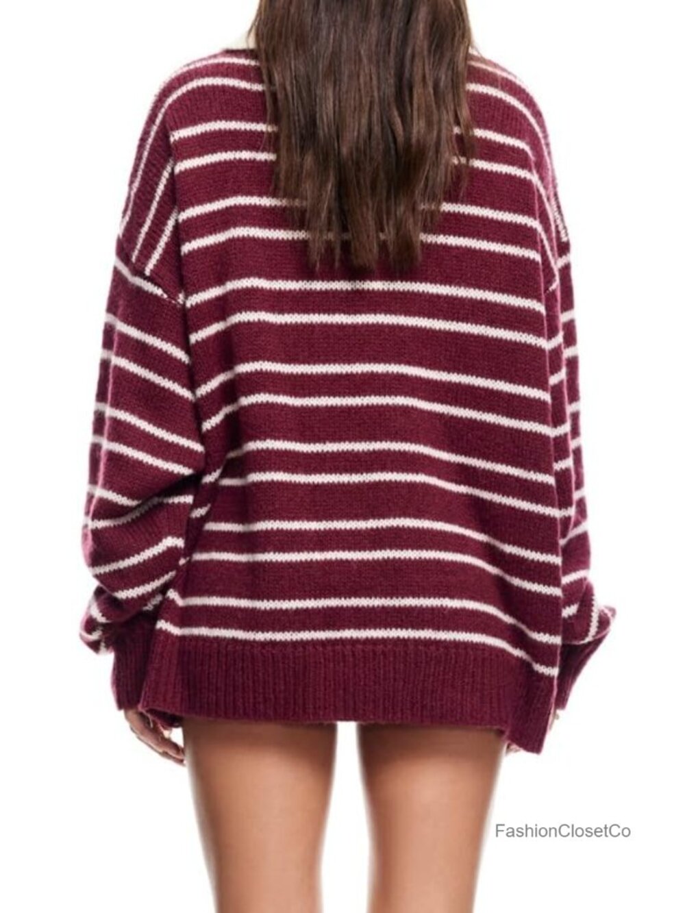 Striped Rugby Polo Shirt Long Sleeve V Neck Oversized Pullover Sweater - Picture 4 of 5